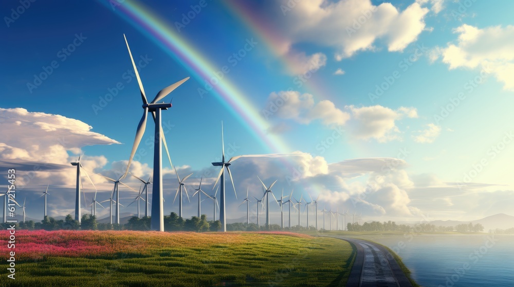 Poster wind turbine farm with a rainbow in the background. created with generative ai technology