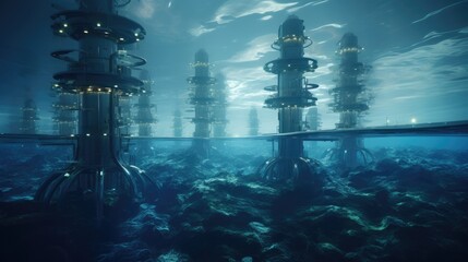 Tidal energy farm with turbines resembling underwater creatures. Created with Generative AI technology - obrazy, fototapety, plakaty