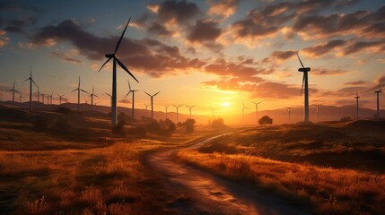 Fototapeta premium Wind farm silhouetted against a sunset sky. Created with Generative AI technology