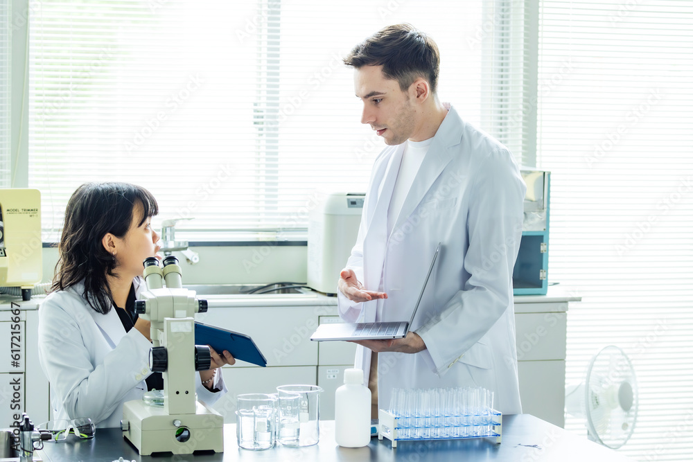 Poster multinational researcher group experimenting in the lab. research and development.