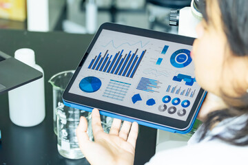 Group of researchers looking at tablet data in the lab. Research and Development.