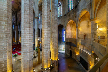 The gothic interior of the Basilica of Santa Maria del Mar church in the Ribera district near the Gothic Quarter of Barcelona, Spain.	