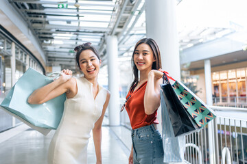 Asian beautiful two women shopping goods outdoor in department store.