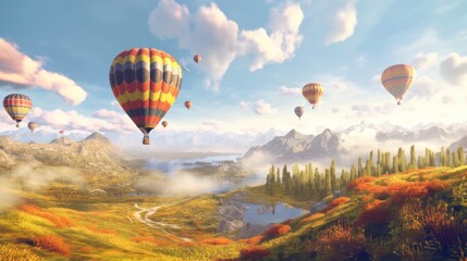 Fototapeta premium beautiful landscape with hot air balloons and mountains