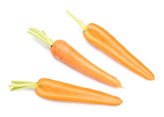 Fresh carrot and slices on white background
