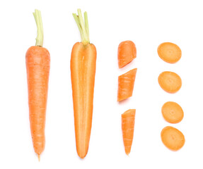 Fresh carrot and slices on white background