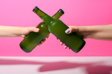 Female hands with bottles of cold beer on pink background