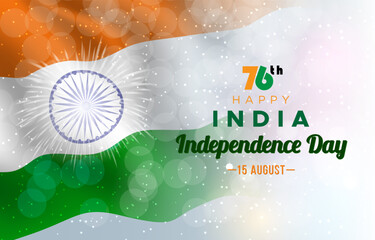 happy 76th of august india independence day banner with orange white and green background design12 - obrazy, fototapety, plakaty