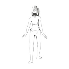 Illustration of a beautiful fashion model posing in a stylish swimsuit. Young attractive woman in bikini. Back view