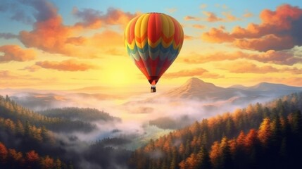Beautiful landscape with hot air balloons and mountains, rivers, forests.