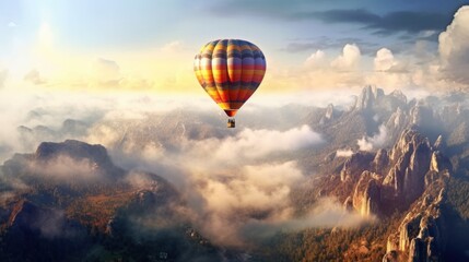 Beautiful landscape with hot air balloons and mountains, rivers, forests.