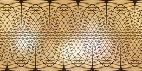 3D Illustration; CGI modeling; HDRI; 360º view panoramic, gold reflective background with triangulate faces sphere with triangle lines