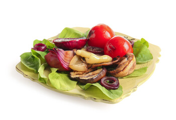 Plate with different tasty grilled vegetables on white background