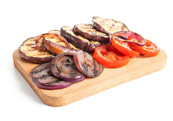 Wooden board with different tasty grilled vegetables on white background