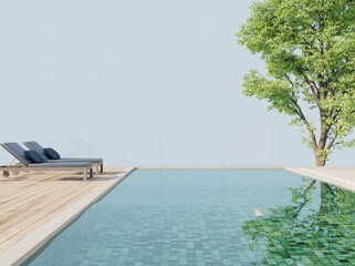 Minimal outdoor swimming pool with views of trees and sky, There are sun loungers on the wooden floor.