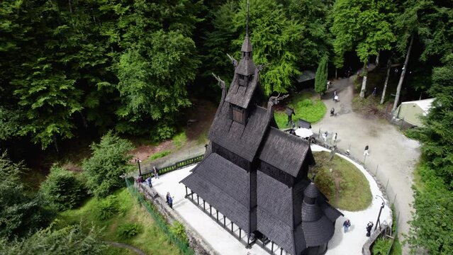 Aerial view around the famous Fantoft Stave church, sunny summer day in Norway