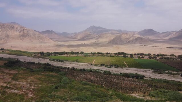 Drone clip of the Supe valley, home to the ancient pyramid city of Caral. The oldest city in the Americas. Drone flies forward towards the archaeological site. Located in Lima, Peru.