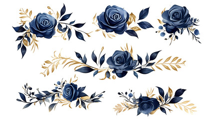 Watercolor design elements navy blue gold roses, flowers, leaves, eucalyptus, branches set for wedding stationary, invitation card, greeting, wallpaper, isolated transparent background. generative ai