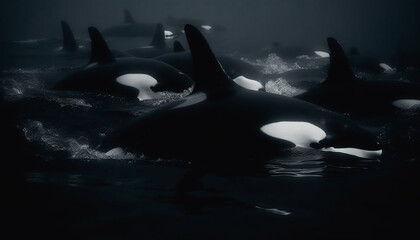 Obraz premium Majestic cetacea swimming in tranquil blue waters, playful and free generated by AI