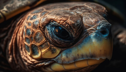 Obraz premium Turtle portrait Close up of endangered reptile multi colored shell and eye generated by AI