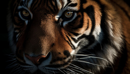 Close up portrait of majestic Bengal tiger staring at camera outdoors generated by AI