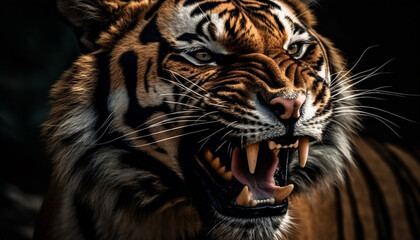 Fototapeta na wymiar Majestic Bengal tiger snarling with aggression in tropical rainforest generated by AI