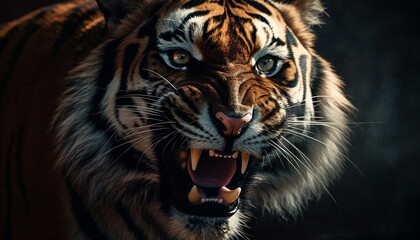 Fototapeta na wymiar Majestic Bengal tiger staring fiercely, showing its beautiful striped fur generated by AI