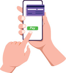 Mobile banking app and e-payment concept vector illustration. Hand holding smartphone and finger touching the screen for transaction using online banking. Shopping by phone and connected card.