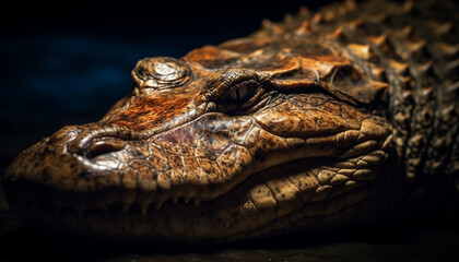 Crocodile head close up, dangerous teeth and eyes, in nature generated by AI