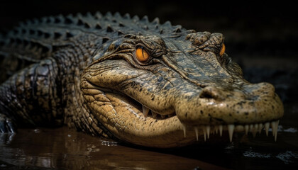 Large crocodile teeth and eye in close up, dangerous predator in water generated by AI