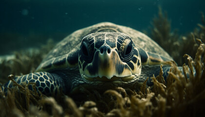 Fototapeta premium Blue sea turtle in tropical Pacific, surrounded by colorful coral generated by AI