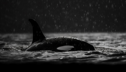 Naklejka premium Playful humpback breaches dark wave, watching underwater beauty adventure generated by AI