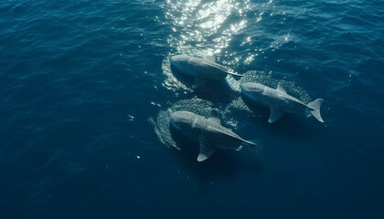 Fototapeta premium Playful dolphins and majestic humpback whales breach in tranquil seas generated by AI