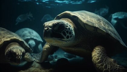 Fototapeta na wymiar Endangered sea turtle endures slow swim in tranquil underwater environment generated by AI