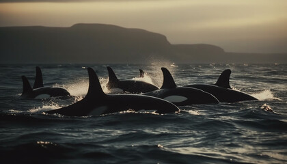 Naklejka premium The majestic humpback whale breaches, back lit by the sunset generated by AI