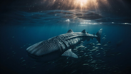 Majestic whale shark swims below the blue sea, surrounded by coral generated by AI