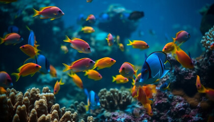 Fototapeta na wymiar Colorful underwater landscape with large group of tropical fish generated by AI