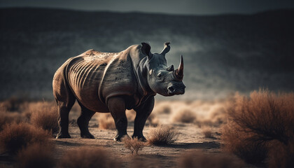 Fototapeta premium Large rhinoceros grazing on plain in African wilderness at sunset generated by AI