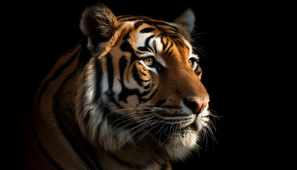 Fototapeta na wymiar Majestic Bengal tiger staring with aggression in black background generated by AI