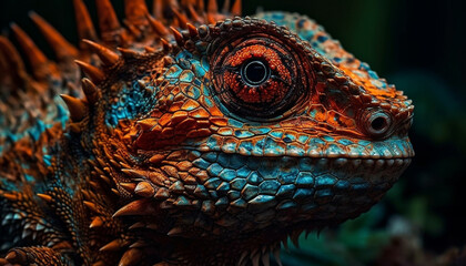 Close up of a cute, horned iguana in a tropical forest generated by AI