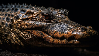 Fototapeta premium Large crocodile dangerous teeth in close up portrait, outdoors generated by AI