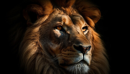 Fototapeta premium Majestic male lion staring at camera with selective focus foreground generated by AI