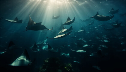 Majestic underwater landscape with a school of fish and manta ray generated by AI