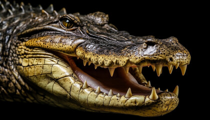 Fototapeta premium Furious crocodile open mouth threatens animal in the swamp generated by AI