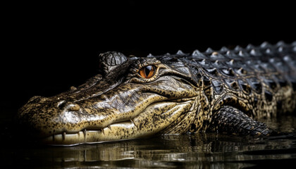 Fototapeta premium Large reptile with yellow scales and aggressive snout in wetland generated by AI