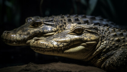 Obraz premium Endangered dragon resting in wildlife reserve, hiding teeth in aggression generated by AI