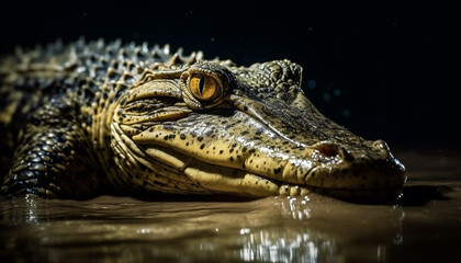 Obraz premium Poisonous dragon looking at camera in dark tropical swamp water generated by AI