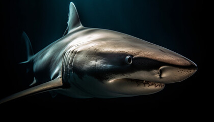 Naklejka premium Majestic dolphin portrait, sharp teeth, underwater, looking at camera generated by AI