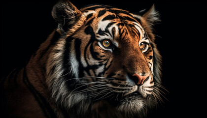 Majestic Bengal tiger staring with aggression, close up portrait in nature generated by AI