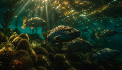 Obraz premium School of fish swim below coral in multi colored underwater landscape generated by AI